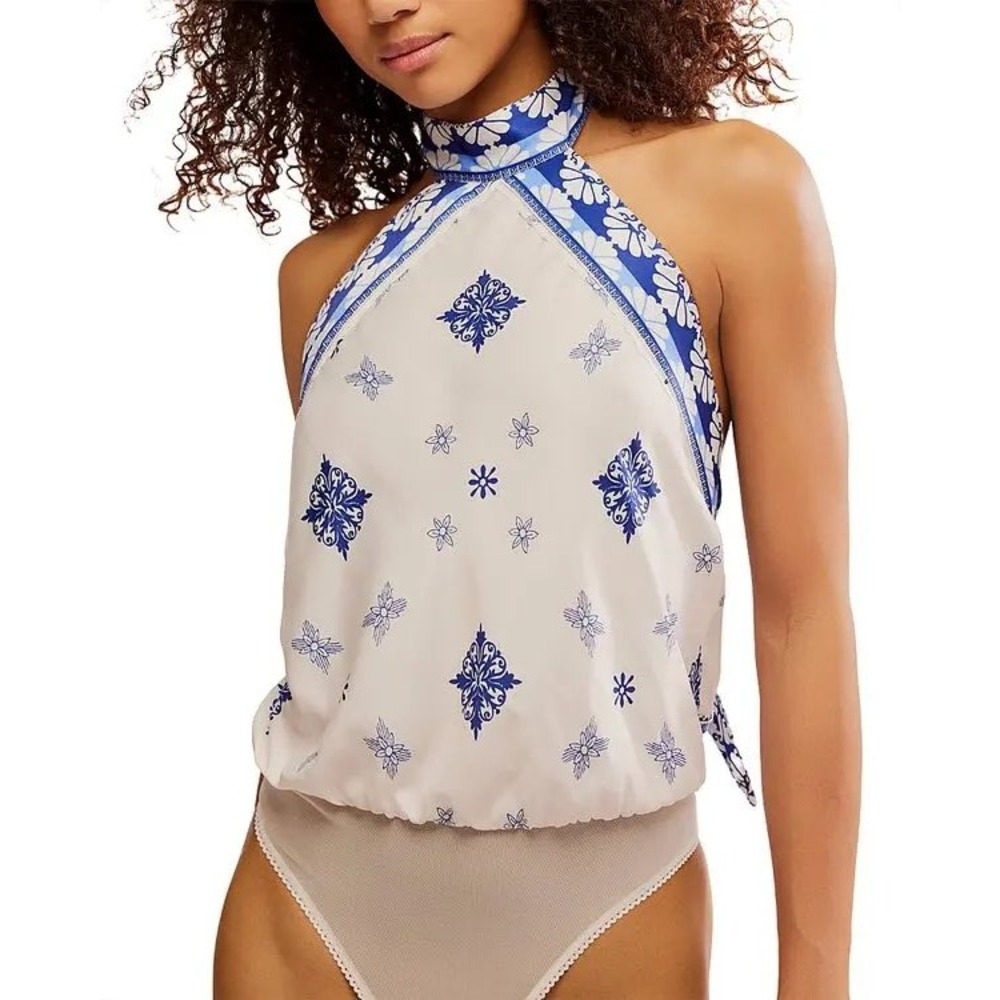 Free People Bodysuit Womens Small Blue White Nautical Halter Neck OB1149521